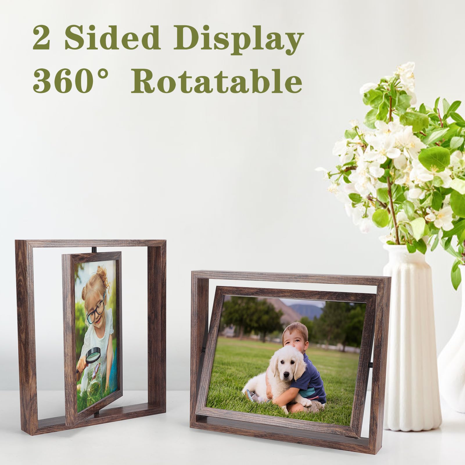 Serwrsw 8x10 Rotating Picture Frame 2 Pack, Double Sided Glass Floating Frame for Office Pressed Flowers, Adjustable Rustic Desk Standing Frame for Bedroom Living Room Framing Photo Artwork