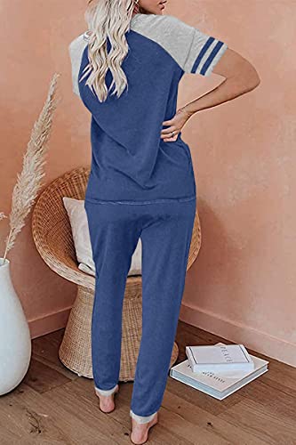 PRETTYGARDEN Short Sleeve Jogger Sets for Women 2 Piece Color Block Casual Tops and Long Pants Track Suit Matching Pajama Set(Z-Grey Blue,Large)