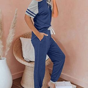 PRETTYGARDEN Short Sleeve Jogger Sets for Women 2 Piece Color Block Casual Tops and Long Pants Track Suit Matching Pajama Set(Z-Grey Blue,Large)