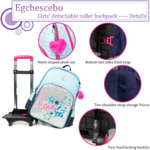 Egchescebo Kids Rolling Backpack for Girls Suitcases Trolley Backpacks with Wheels Roller Luggage Backpack on Wheels with Lunch Box Pencil Case for Elementary Girls Travel School Bag Aged 6-15 Blue