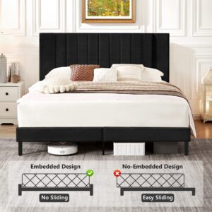 Flolinda Queen Size Platform Bed Frame with Velvet Upholstered Headboard and Wooden Slats Support, Fully Upholstered Mattress Foundation/No Box Spring Needed/Easy Assembly, Black