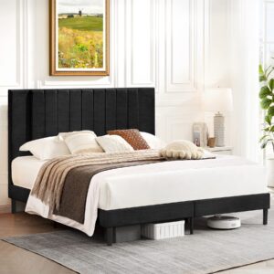 Flolinda Queen Size Platform Bed Frame with Velvet Upholstered Headboard and Wooden Slats Support, Fully Upholstered Mattress Foundation/No Box Spring Needed/Easy Assembly, Black