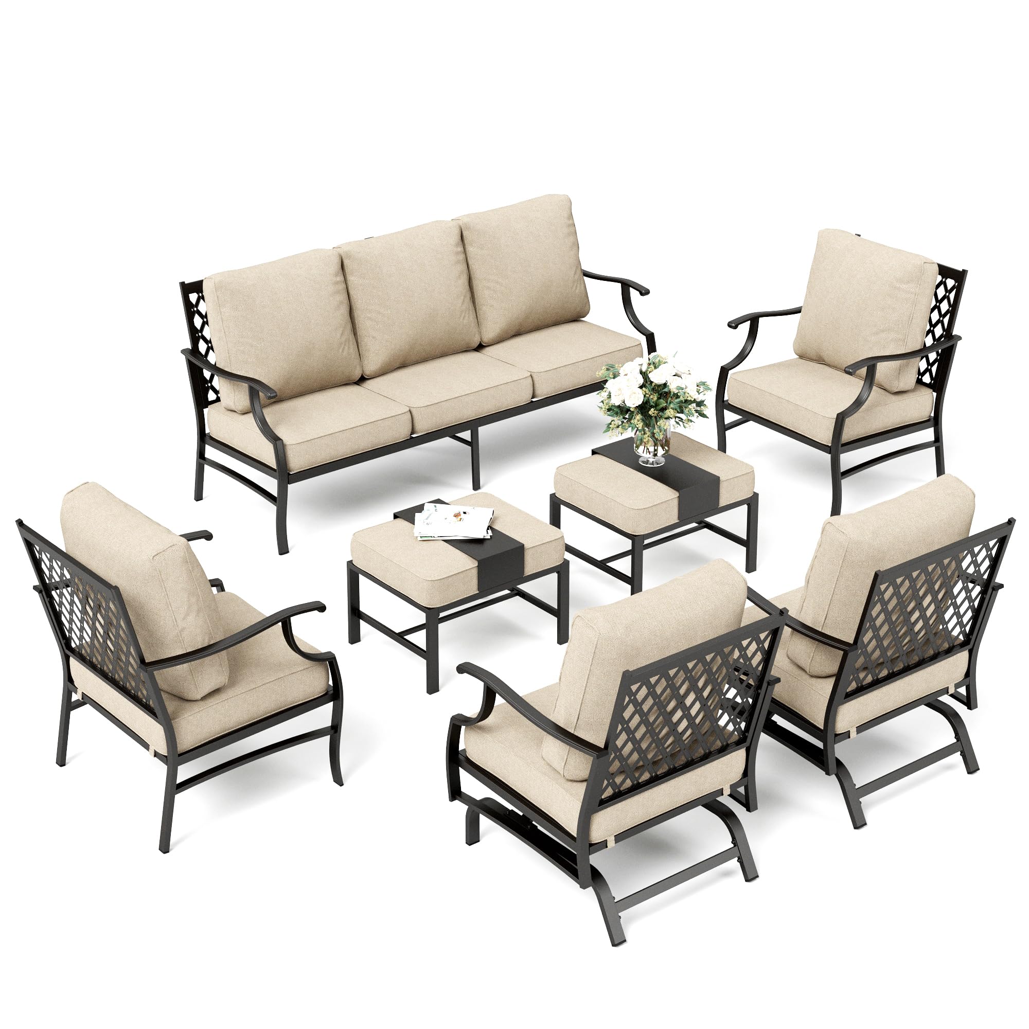 SUNSHINE VALLEY Patio Furniture Set, Modern Metal Outdoor Patio Furniture, 3 Seater Sofa, 2 Fixed Chairs, 2 Rocking Chairs, 2 Ottomans and 5.75" Extra Thick Cushion, Patio Conversation Set for Garden