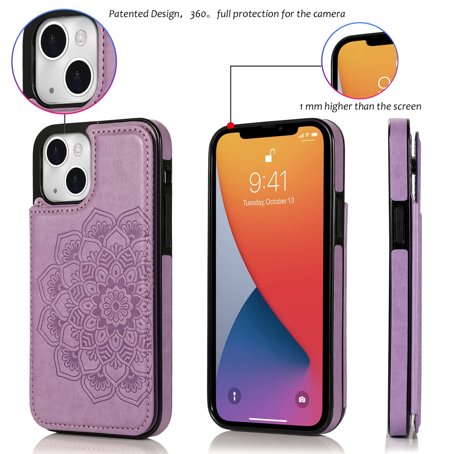 Anyisposs Compatible with iPhone 13 Wallet Case 6.1inch Tempered Glass Screen Protector Card Holder Slots Kickstand Cover Flip Leather Phone Cases for iPhone13 i 5G i-Phone i13 iPhone13case 13s Purple