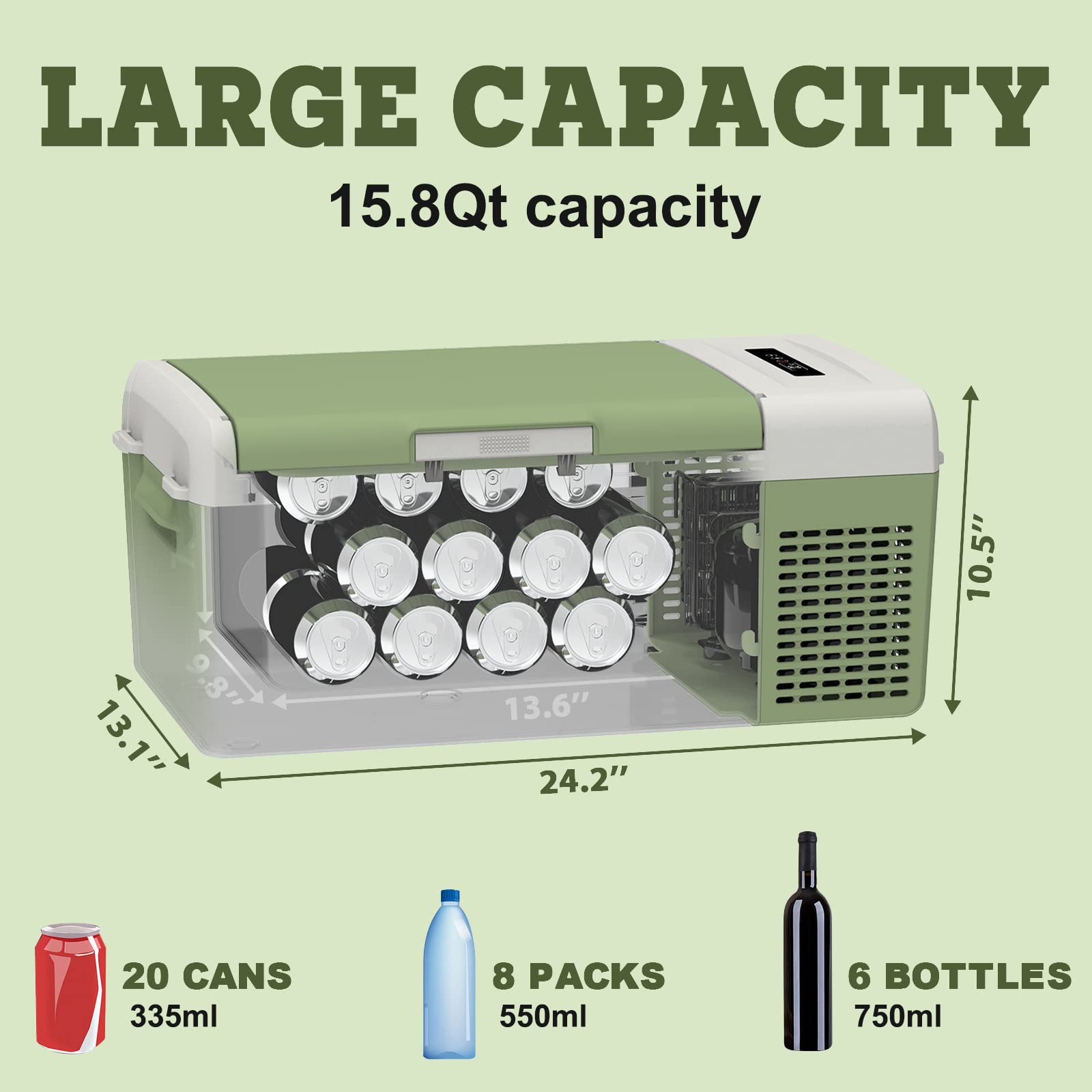 Setpower FC15 Portable 12v Refrigerator, -4℉-68℉ Fast Cooling Car Refrigerator, 15L/15.8Qt Car Fridge Portable Freezer with 12/24V DC & 110/240V AC, Electric Cooler (Green, 15L With AC Adapter)