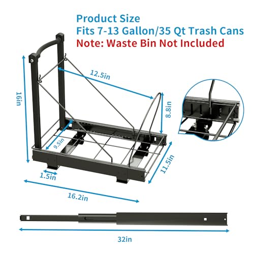 Pull Out Trash Can Under Cabinet with Soft Close Rail,Under Sink Trash Can Pull Out Organizer,Black Adjustable Under Cabinet Trash Can Pull Out for 7-13 Gallon Trash Can（New Upgrade）