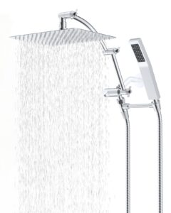 hibbent all metal 12'' rainfall shower head, square shower head combo, high pressure handheld shower wand, 16'' adjustable arc-shaped shower extension arm, 71'' hose, 2 showerhead holders, chrome