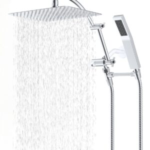 Hibbent All Metal 12'' Rainfall Shower Head, Square Shower Head Combo, High Pressure Handheld Shower Wand, 16'' Adjustable Arc-shaped Shower Extension Arm, 71'' Hose, 2 Showerhead Holders, Chrome