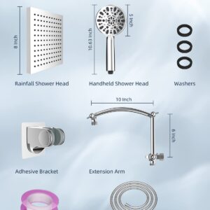 Hibbent High Pressure 8 Inch Rainfall Shower Head/Handheld Showerhead Combo/Adjustable Shower Extension Arm, 7-Spray, 71 Inch Shower Hose, Chrome