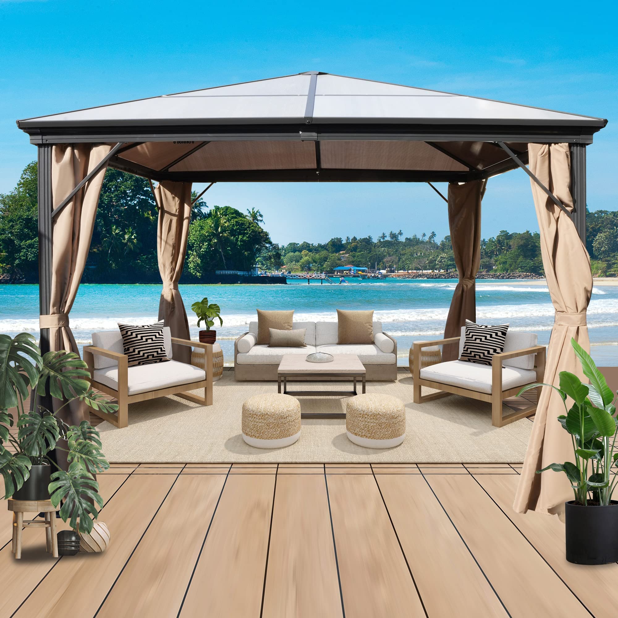 TRY & DO 10'x10' Hardtop Gazebo Mosquito Netting and Curtain, Outdoor Gazebo with Polycarbonate Canopy, Aluminum Frame Permanent Pavilion, Hard top Backyard Tent Canopy for Patio Gaeden Deck