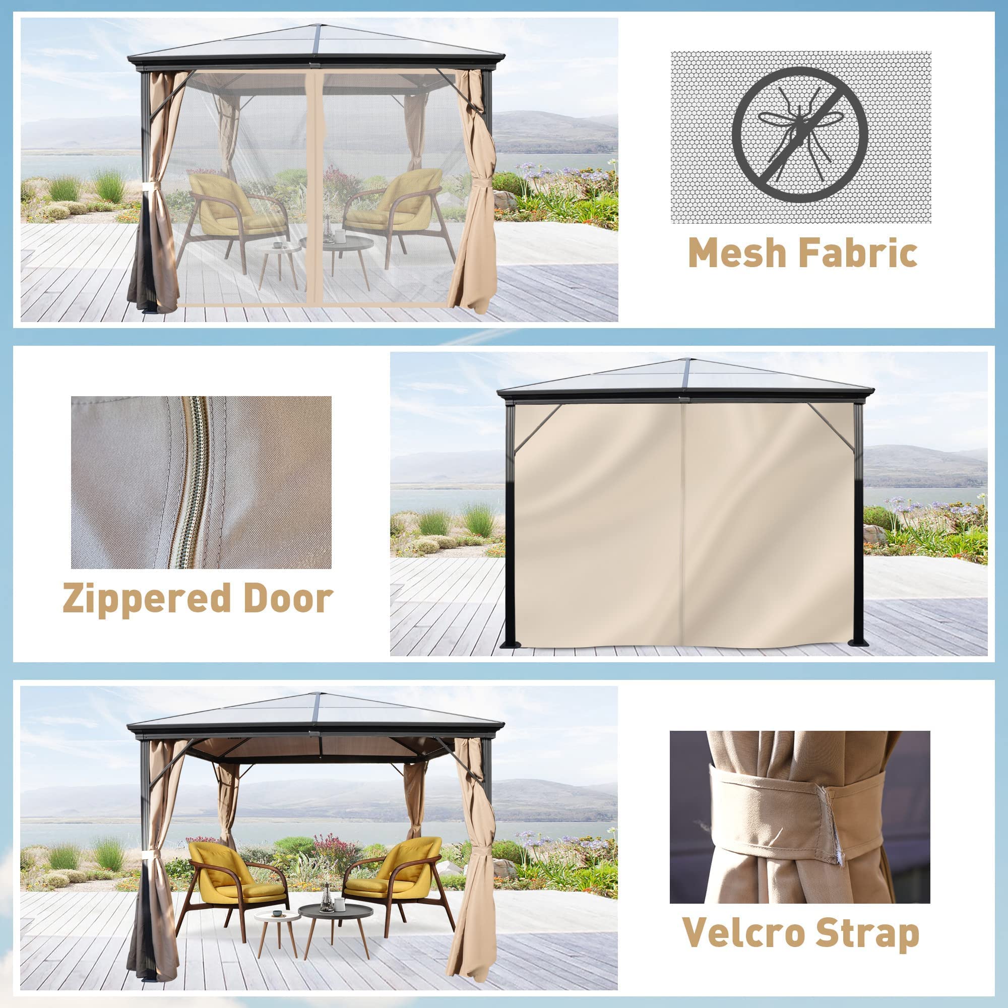 TRY & DO 10'x10' Hardtop Gazebo Mosquito Netting and Curtain, Outdoor Gazebo with Polycarbonate Canopy, Aluminum Frame Permanent Pavilion, Hard top Backyard Tent Canopy for Patio Gaeden Deck