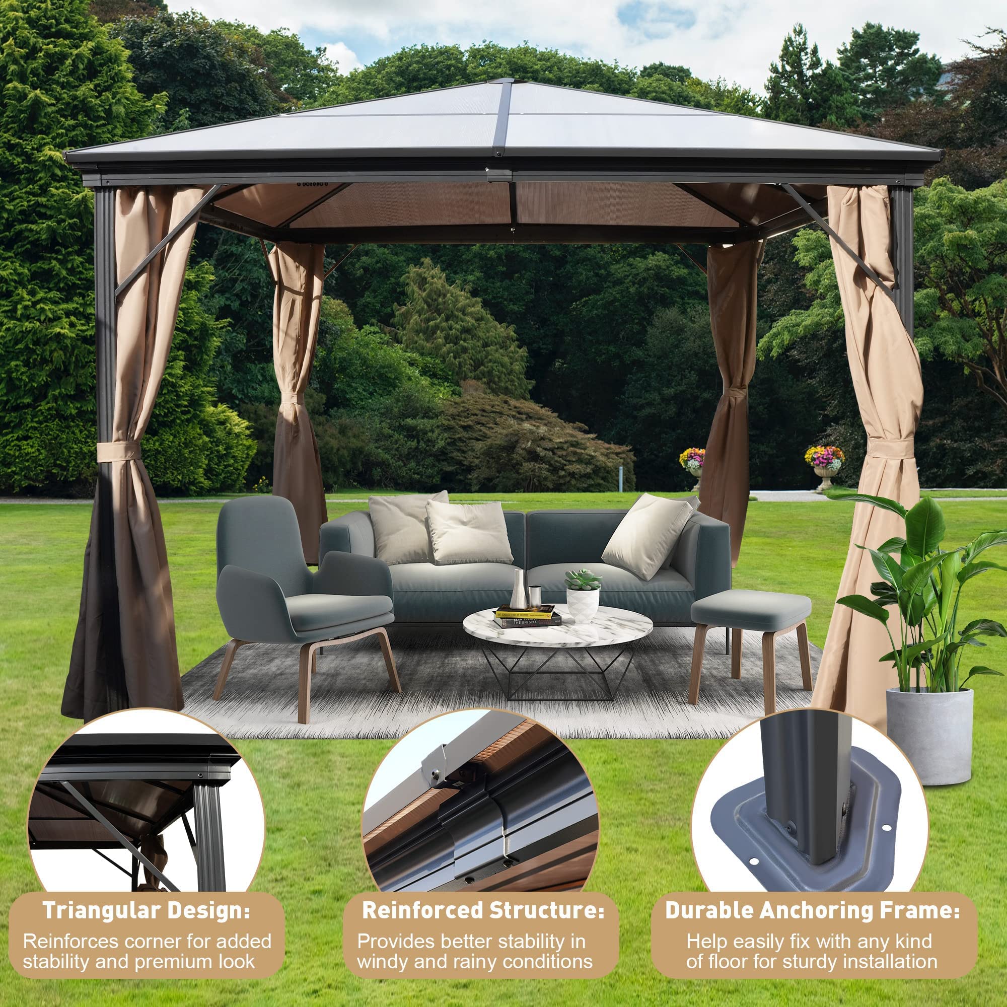 TRY & DO 10'x10' Hardtop Gazebo Mosquito Netting and Curtain, Outdoor Gazebo with Polycarbonate Canopy, Aluminum Frame Permanent Pavilion, Hard top Backyard Tent Canopy for Patio Gaeden Deck