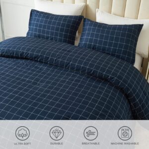 Andency Navy Grid Comforter Set Full Size (79x90 Inch), 3 Pieces(1 Grid Comforter and 2 Pillowcases), Summer Lightweight Microfiber Down Alternative Navy Comforter with White Lines