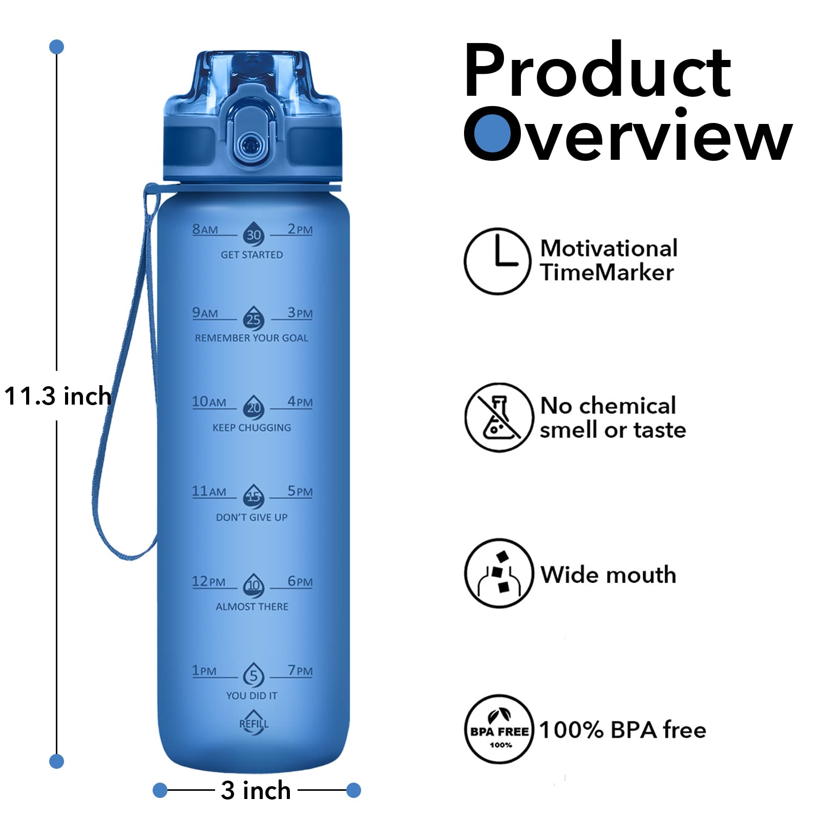 Alwager 32oz Motivational Water Bottles with Time Marker & Fruit Strainer, Single Color Water Bottle with Times to Drink, Leakproof & BPA Free, Reusable Plastic Bottle with Strap (No Straw)