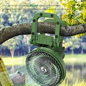 Portable Camping Fan - 12000mAh 8-inch Clip on Fan with Colossal Clamp - Rechargeable Fan with LED & Remote - Golf Cart Fan for Outdoor, Travel, Workshop, Hurricane Emergency (Green)