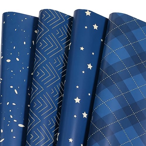 Ulmasinn Wrapping Paper Flat 8 Sheets for Birthday, Holiday, Father'S Day, Weddings, Graduations, Navy Printed with Geometric Patterns, Checks, Stars, Spots 20 X 29 Inches Each