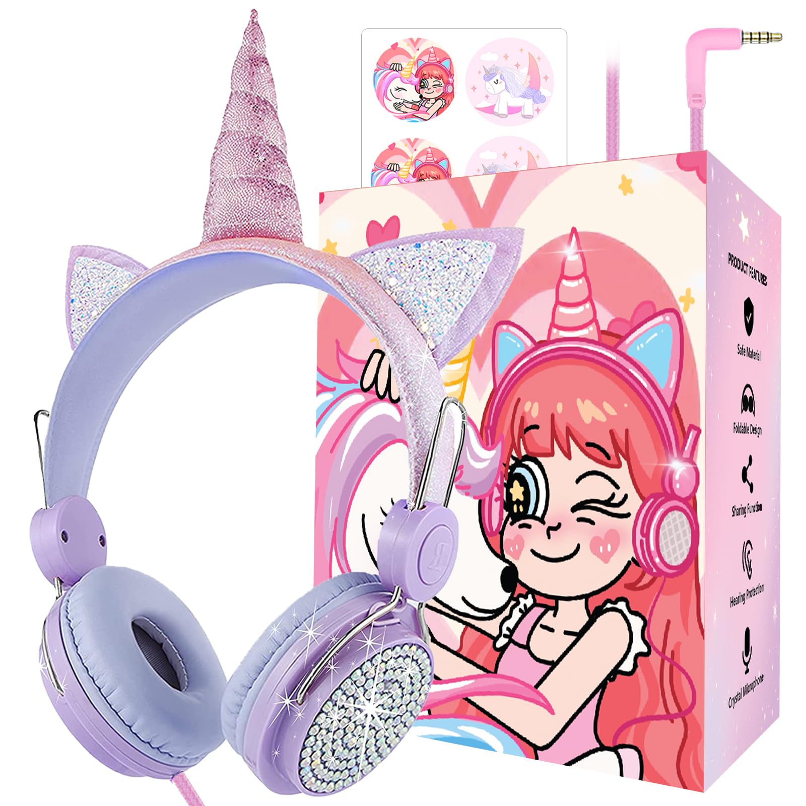 charlxee Kids Unicorns Headphones with Mic for School/Travel,95dB Volume Limited,Shareport,On/Over Ear Wired Headsets with Nylon Cable-Light Purple