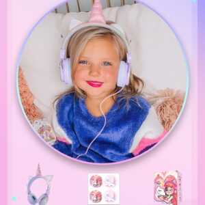 charlxee Kids Unicorns Headphones with Mic for School/Travel,95dB Volume Limited,Shareport,On/Over Ear Wired Headsets with Nylon Cable-Light Purple