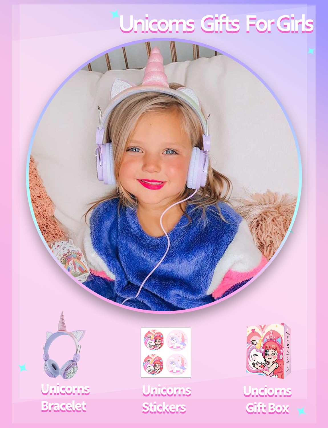 charlxee Kids Unicorns Headphones with Mic for School/Travel,95dB Volume Limited,Shareport,On/Over Ear Wired Headsets with Nylon Cable-Light Purple