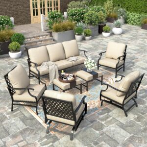 hera's house 7 piece patio furniture set, 2 x rocking chair, 2 x fixed chair, 2 x ottoman, 1 x 3-seat sofa, all cushioned 9 seats outdoor conversation set for lawn garden backyard