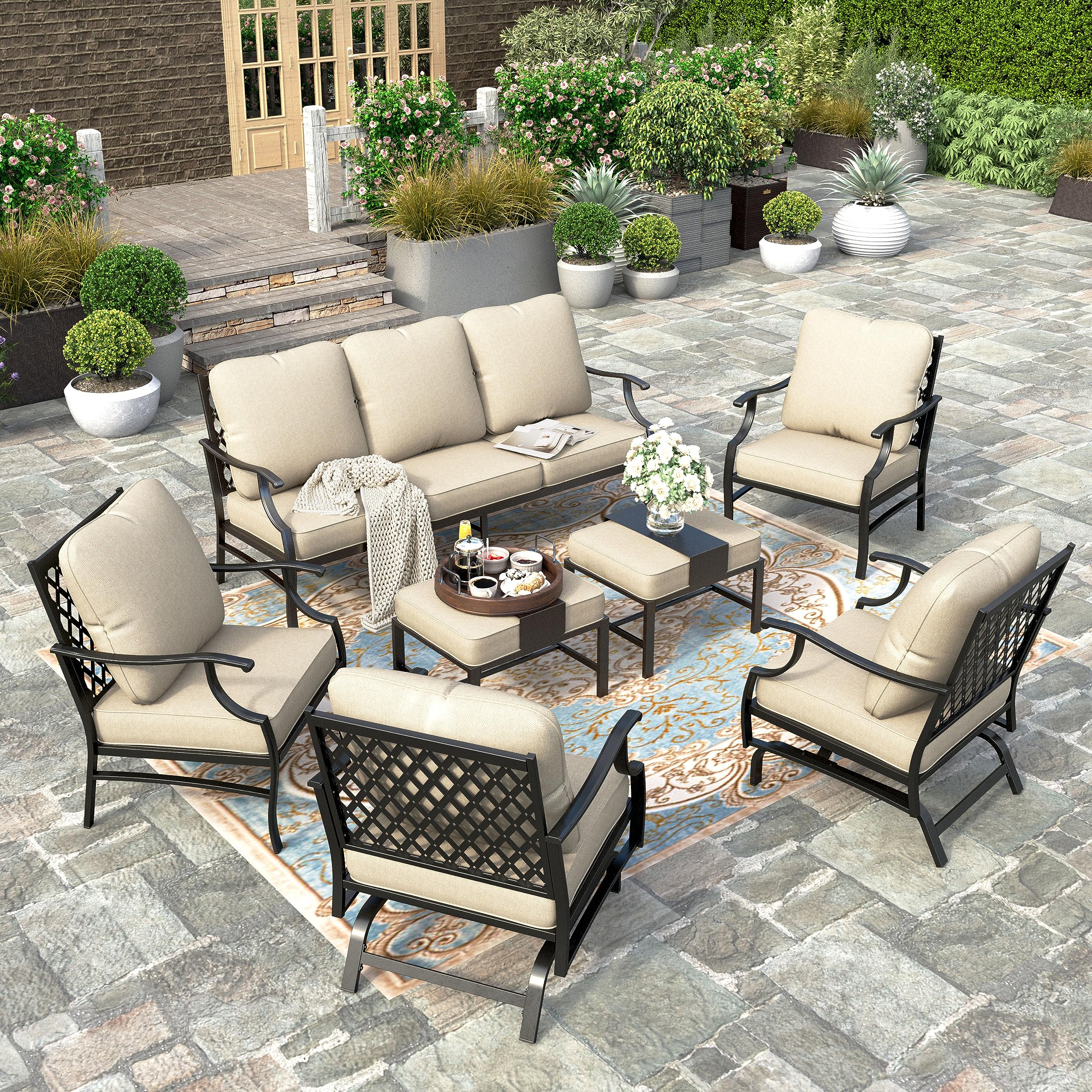 HERA'S HOUSE 7 Piece Patio Furniture Set, 2 x Rocking Chair, 2 x Fixed Chair, 2 x Ottoman, 1 x 3-Seat Sofa, All Cushioned 9 Seats Outdoor Conversation Set for Lawn Garden Backyard