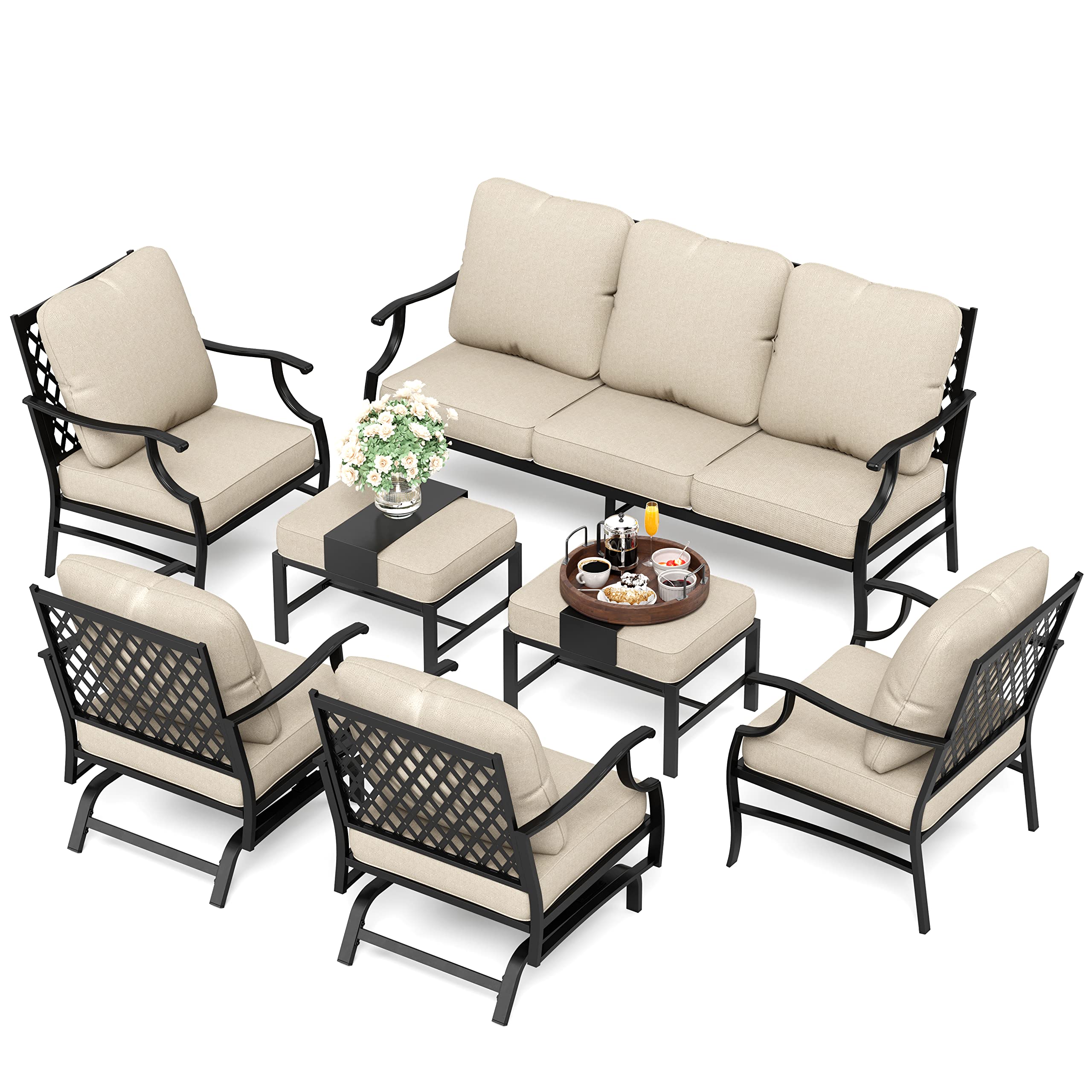 HERA'S HOUSE 7 Piece Patio Furniture Set, 2 x Rocking Chair, 2 x Fixed Chair, 2 x Ottoman, 1 x 3-Seat Sofa, All Cushioned 9 Seats Outdoor Conversation Set for Lawn Garden Backyard