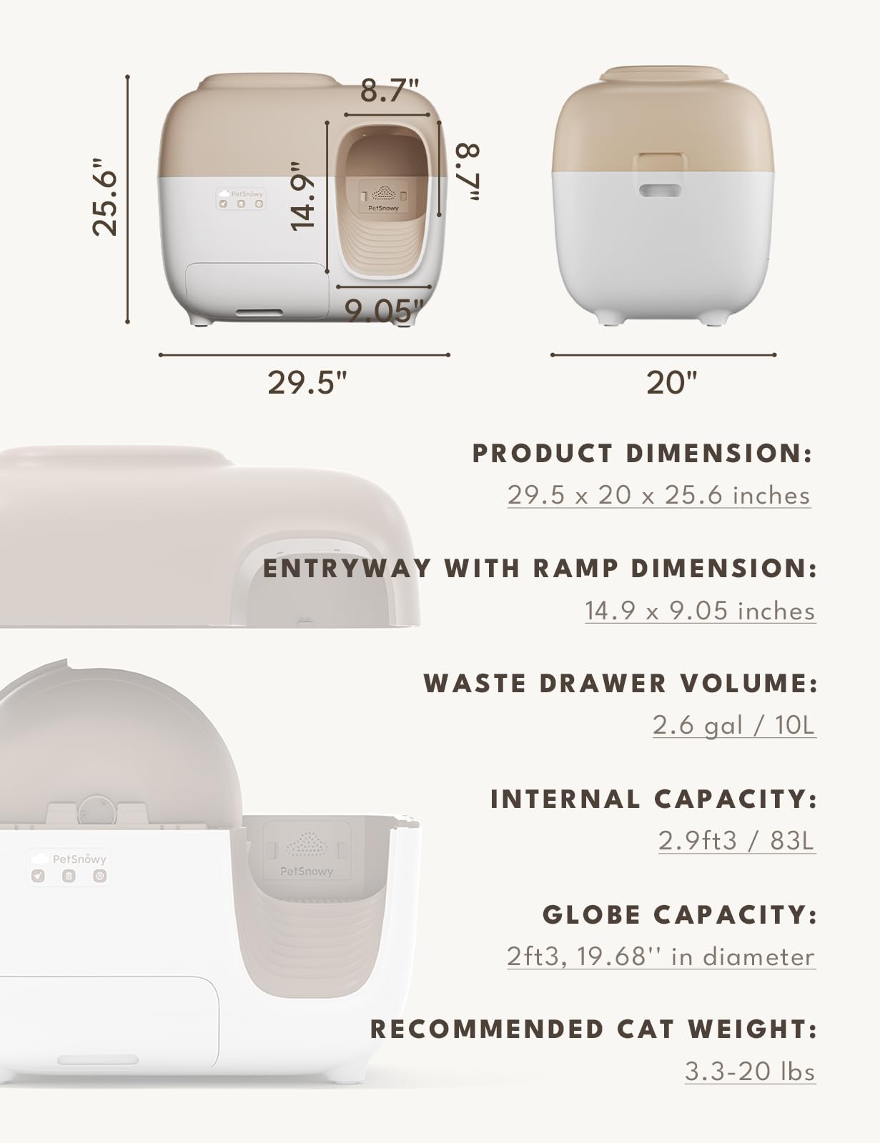 PetSnowy (2024 Premium Version with Mini Mesh) Snow+ Self Cleaning Automatic Litter Box with Zero Odor TiO2 System Automatic Cat Litter Box Self Cleaning for 3.3-20 lbs