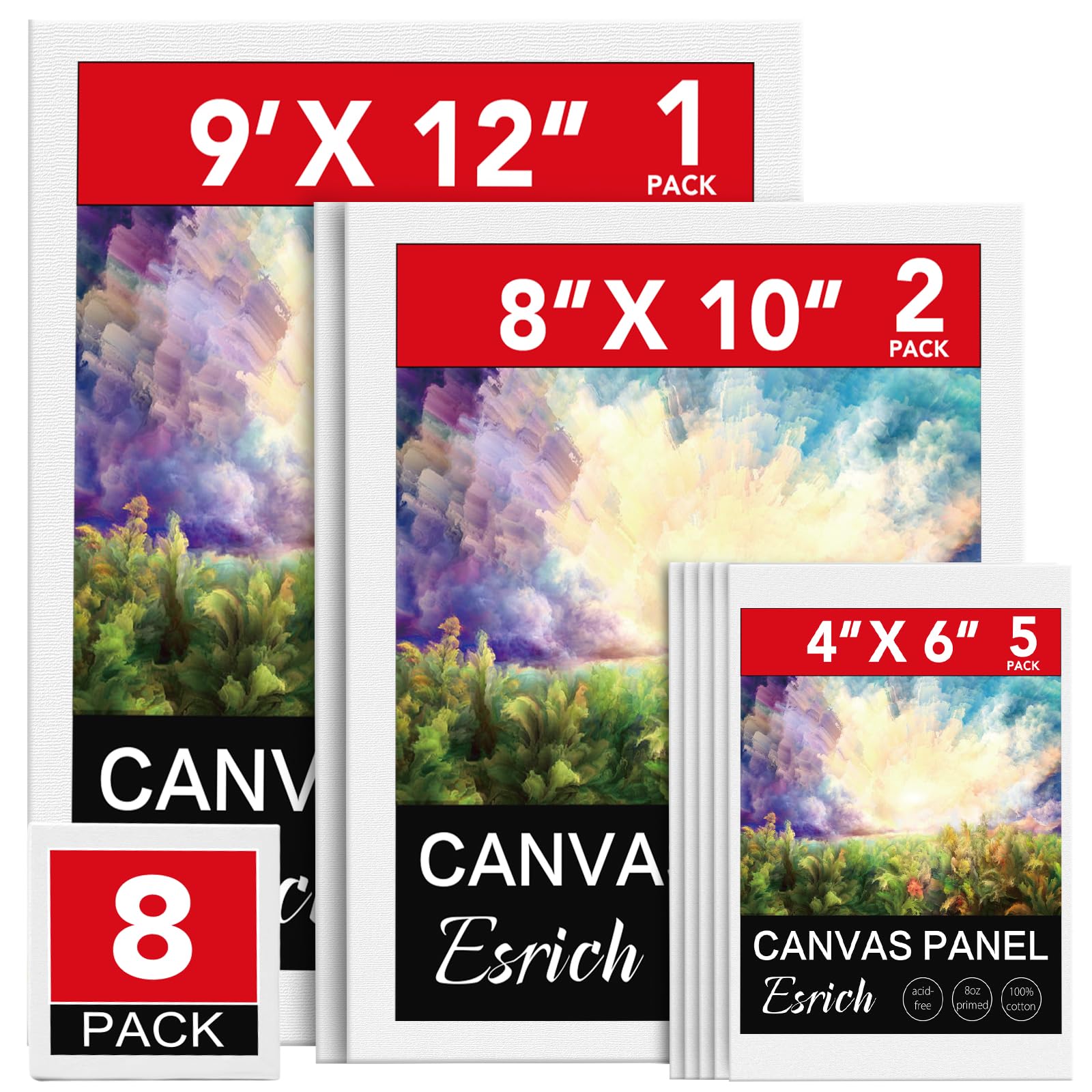 ESRICH Canvases for Painting 8Pack Painting Canvas with 9x12,8x10,4x6,Canvas Panels for Oil Paint,Watercolor,Acrylic Paint,Gouache and Tempera.