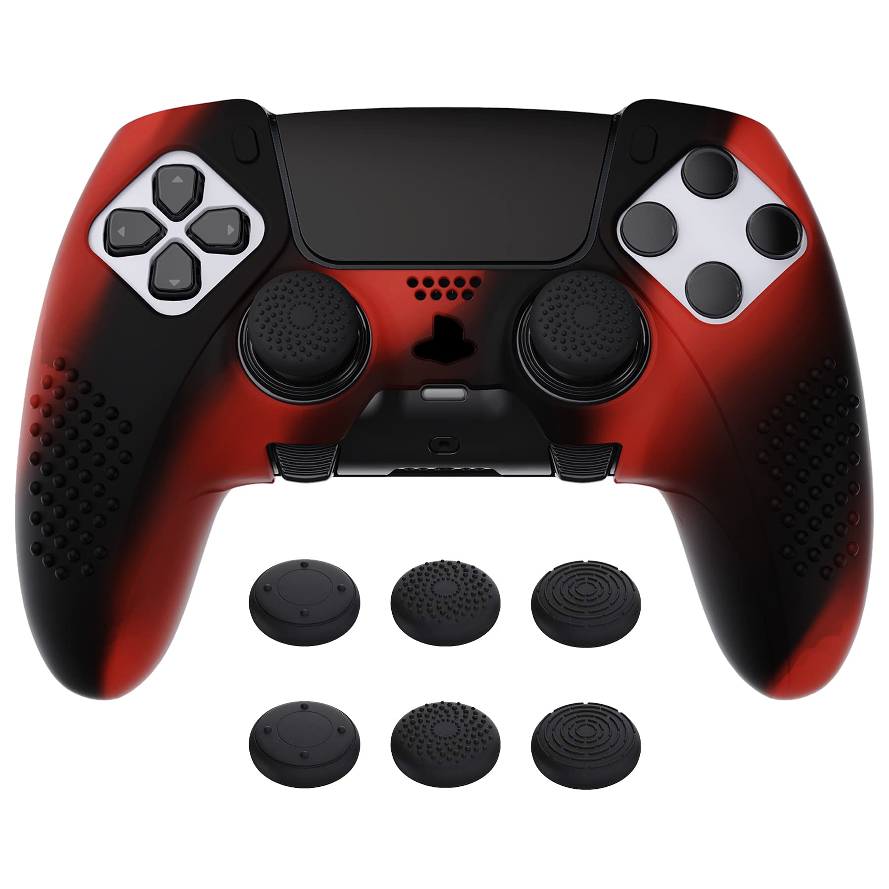 PlayVital 3D Studded Edition Anti-Slip Silicone Cover Case for ps5 Edge Controller, Soft Rubber Protector Skin for ps5 Edge Wireless Controller with 6 Thumb Grip Caps - Red & Black