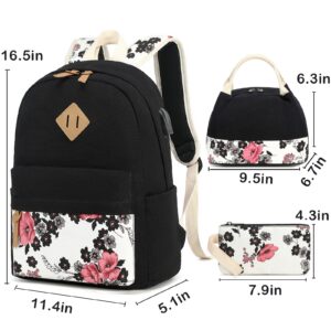 Natayoo Floral School Backpacks for Teen Girls Women with Lunch Bag and Pencil Bag, College Bookbag Water Resistant Laptop Backpack with USB Charging Port