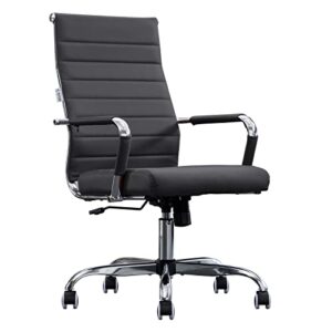 bowthy home office chair ribbed, modern leather conference room chairs, ergonomic office desk chair, high back executive computer chair, adjustable swivel chair with arms (black)