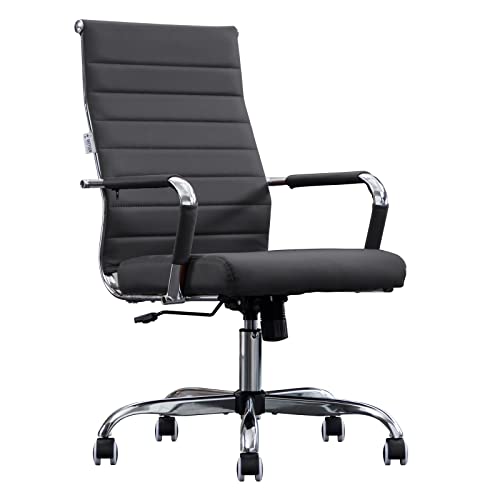 BOWTHY Home Office Chair Ribbed, Modern Leather Conference Room Chairs, Ergonomic Office Desk Chair, High Back Executive Computer Chair, Adjustable Swivel Chair with Arms (Black)