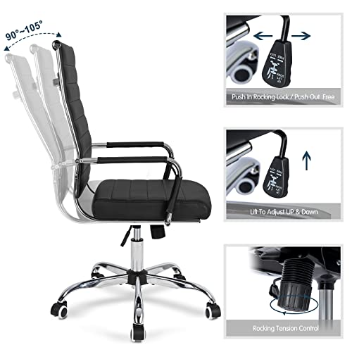 BOWTHY Home Office Chair Ribbed, Modern Leather Conference Room Chairs, Ergonomic Office Desk Chair, High Back Executive Computer Chair, Adjustable Swivel Chair with Arms (Black)