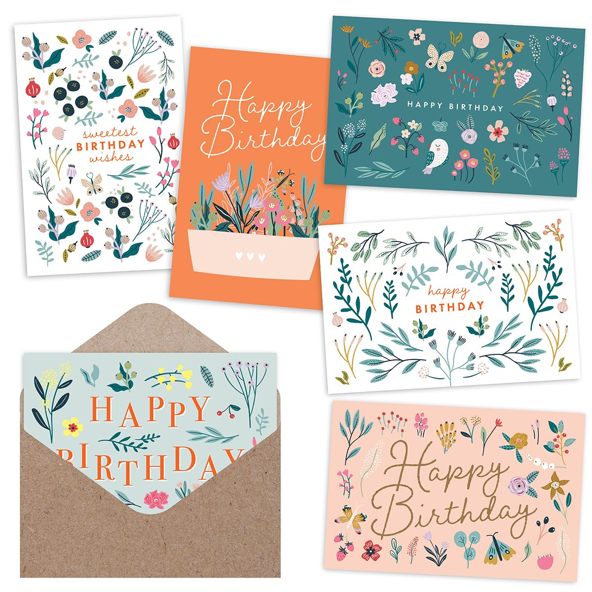 CARDAMONOLY Floral Birthday Cards for Women - 24 Vibrant Designs for Happy Birthday Card - 6 Designs with Round Stickers and Matching Kraft Envelopes - Birthday Cards Bulk Sized 6 x 4