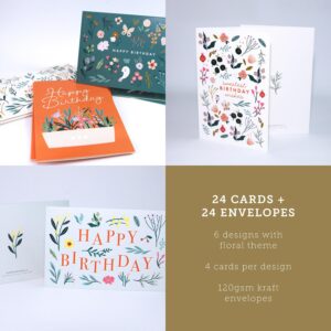 CARDAMONOLY Floral Birthday Cards for Women - 24 Vibrant Designs for Happy Birthday Card - 6 Designs with Round Stickers and Matching Kraft Envelopes - Birthday Cards Bulk Sized 6 x 4