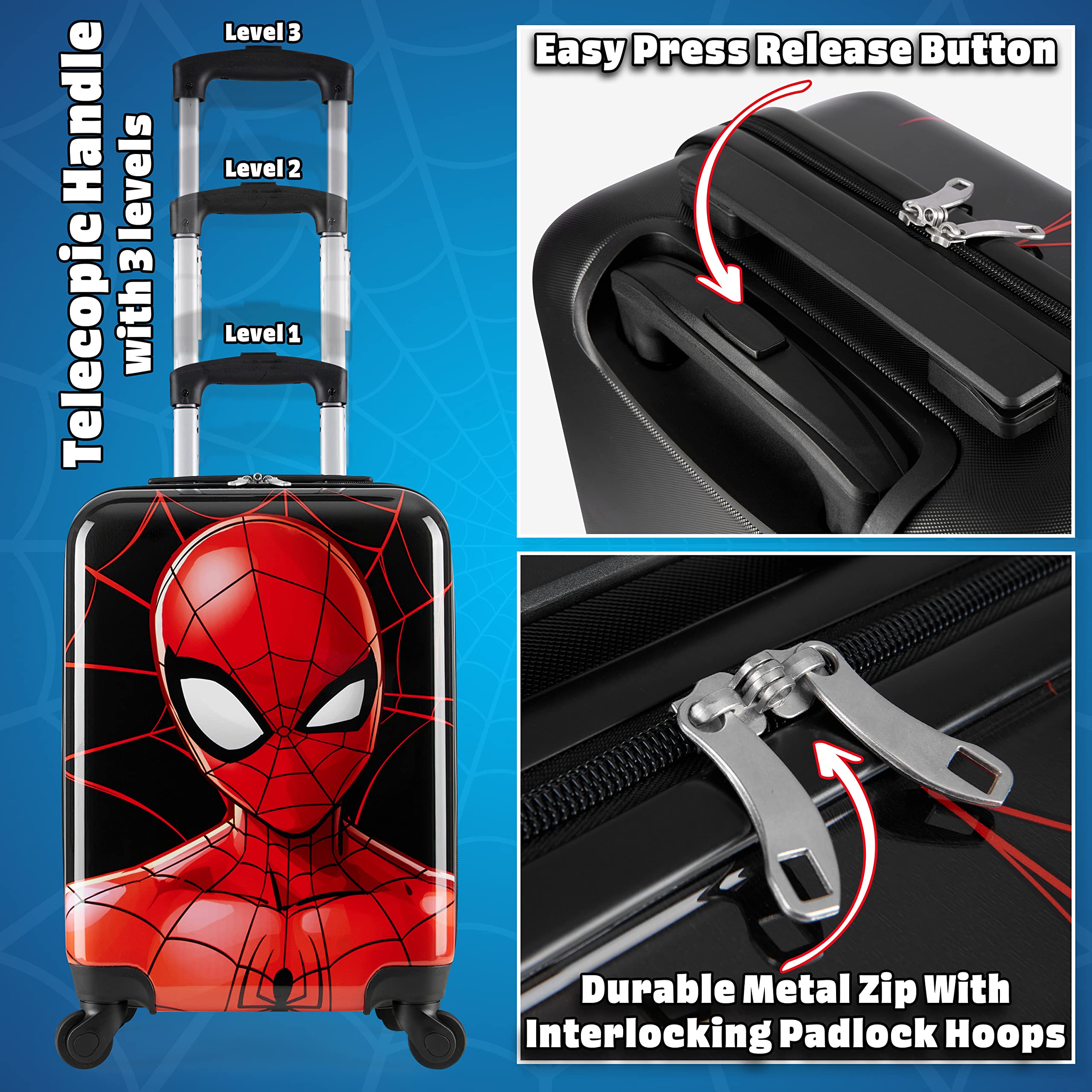 Marvel Carry On Suitcase for Kids Spiderman Cabin Bag with Wheels Luggage Bag for Boys Carry On Travel Bag with Wheels and Handle Small Suitcase with Wheels