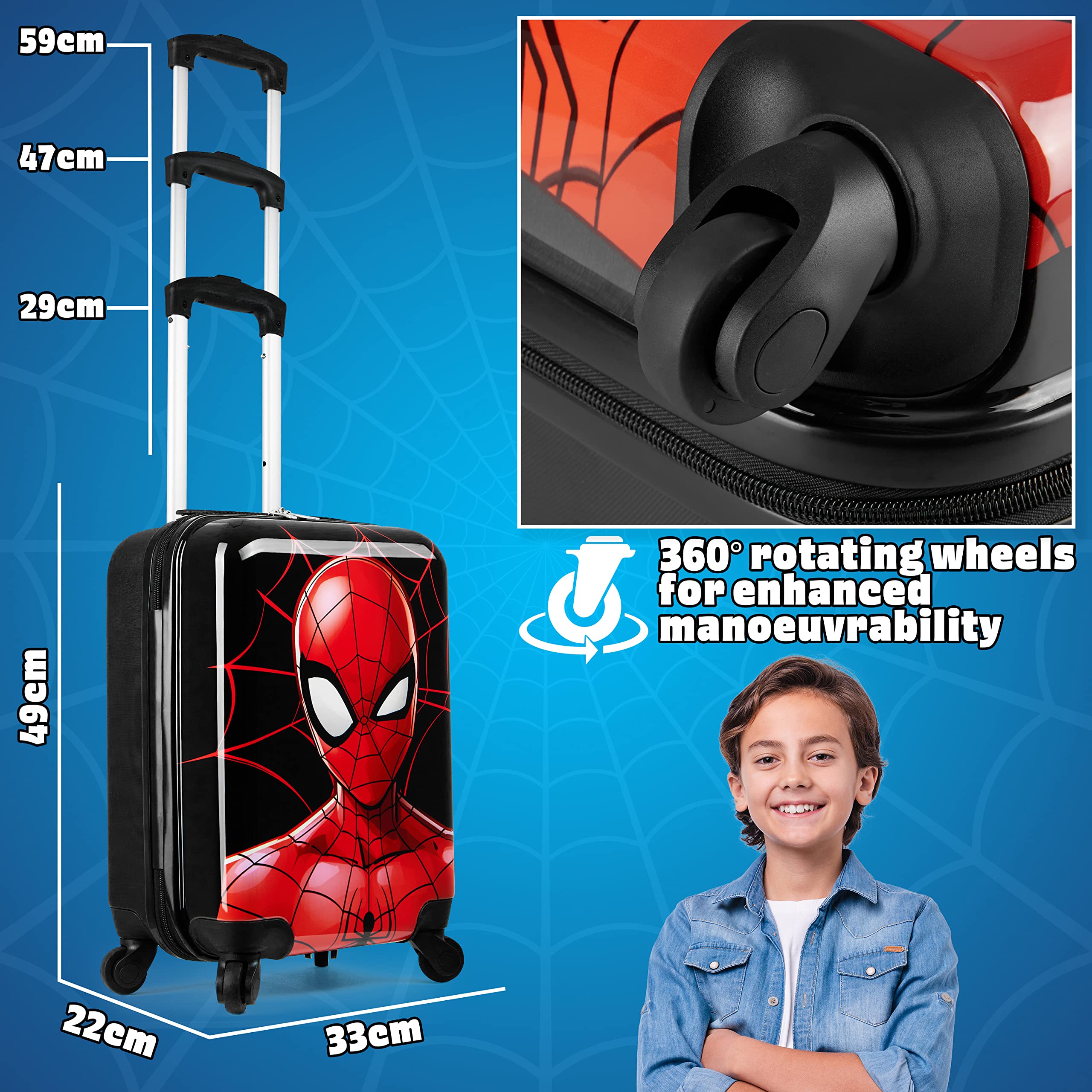 Marvel Carry On Suitcase for Kids Spiderman Cabin Bag with Wheels Luggage Bag for Boys Carry On Travel Bag with Wheels and Handle Small Suitcase with Wheels