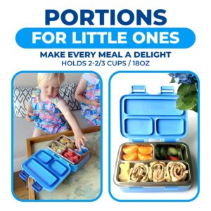 kinsho Stainless Steel Lunch Box for Baby or Toddlers Boys, Mini Bento, 3 Eco Metal Portion Sections Leakproof Lid, Pre-School Daycare Lunches, Kids Spill-Proof Snack Container, Blue Cute Monster