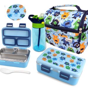 Stainless Steel Bento Box for Toddlers, Insulated Lunch Bag Water Bottle Set for Kids. Metal Snack Container for Small Children, Baby Boys, Toddler Daycare or Pre-School Lunches, Cute Blue Monster