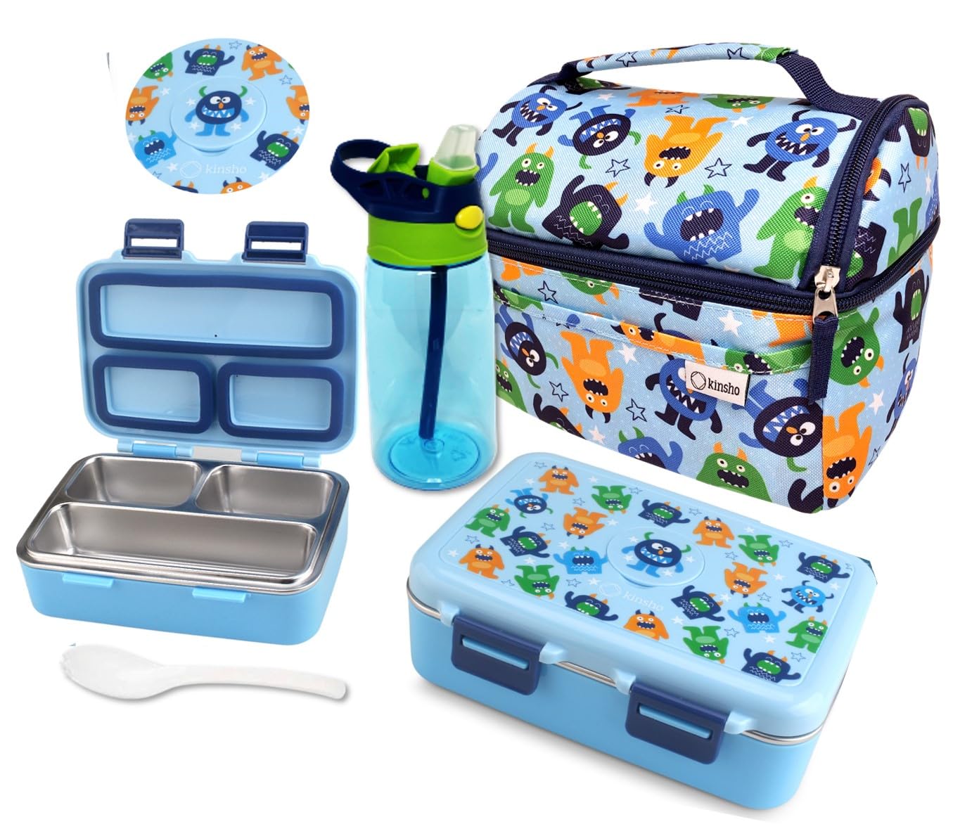 Stainless Steel Bento Box for Toddlers, Insulated Lunch Bag Water Bottle Set for Kids. Metal Snack Container for Small Children, Baby Boys, Toddler Daycare or Pre-School Lunches, Cute Blue Monster