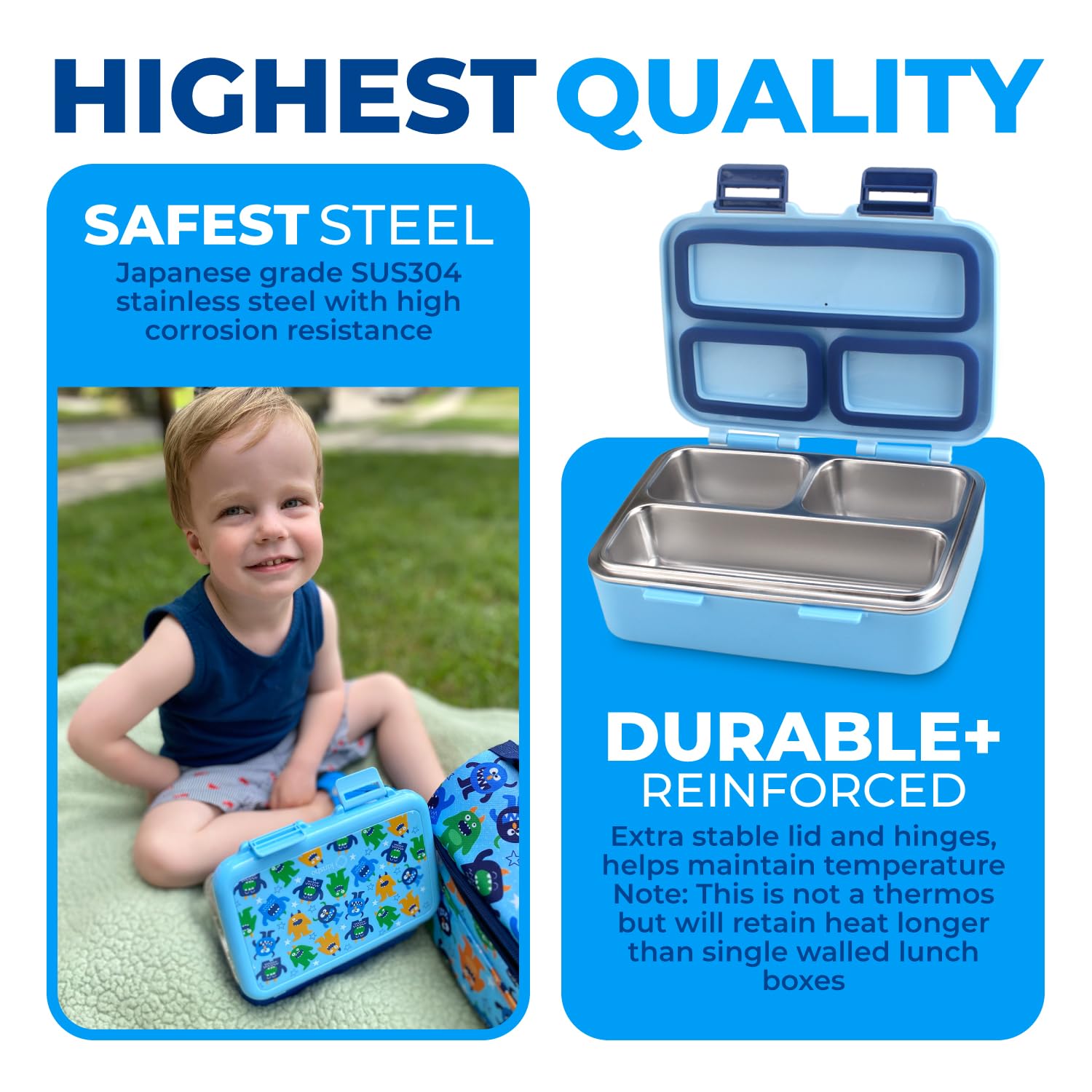 Stainless Steel Bento Box for Toddlers, Insulated Lunch Bag Water Bottle Set for Kids. Metal Snack Container for Small Children, Baby Boys, Toddler Daycare or Pre-School Lunches, Cute Blue Monster