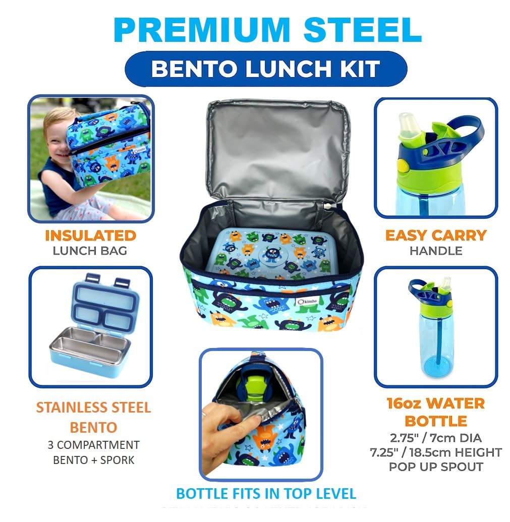 Stainless Steel Bento Box for Toddlers, Insulated Lunch Bag Water Bottle Set for Kids. Metal Snack Container for Small Children, Baby Boys, Toddler Daycare or Pre-School Lunches, Cute Blue Monster