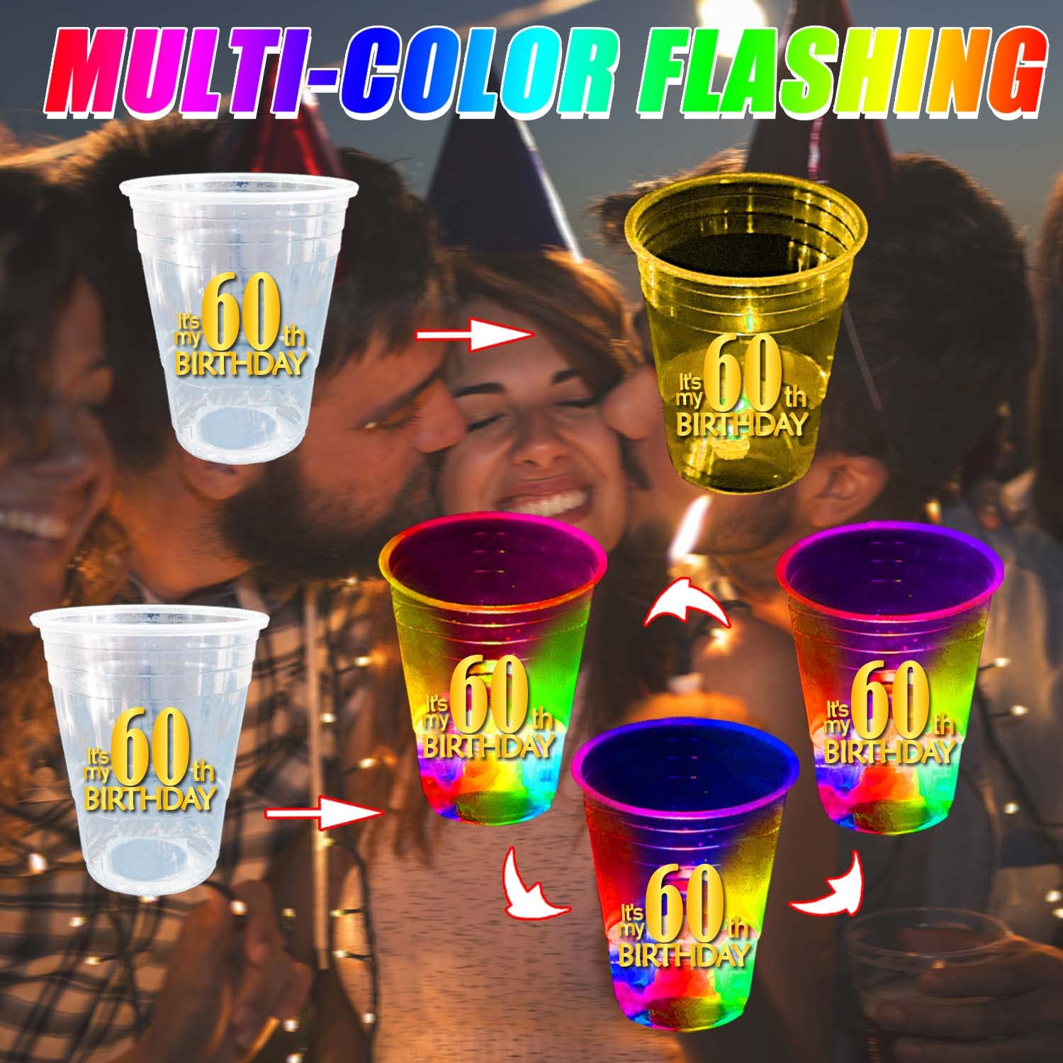 mishunyus 24 Pcs Glow 60th Birthday Cups for Men Women, 60th Birthday Ideas, 60th Party Centerpieces for Tables Decorations (16 OZ)