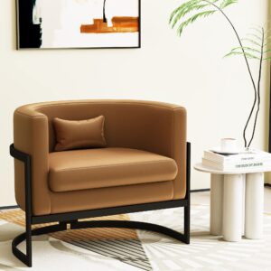 Alunaune Upholstered Modern Living Room Chair Accent Chairs, Brown Faux Leather Armchair Mid Century Lounge Barrel Chair Anti Scratch Sofa Tub Bucket Club Chair for Bedroom