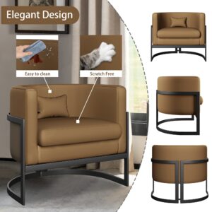 Alunaune Upholstered Modern Living Room Chair Accent Chairs, Brown Faux Leather Armchair Mid Century Lounge Barrel Chair Anti Scratch Sofa Tub Bucket Club Chair for Bedroom