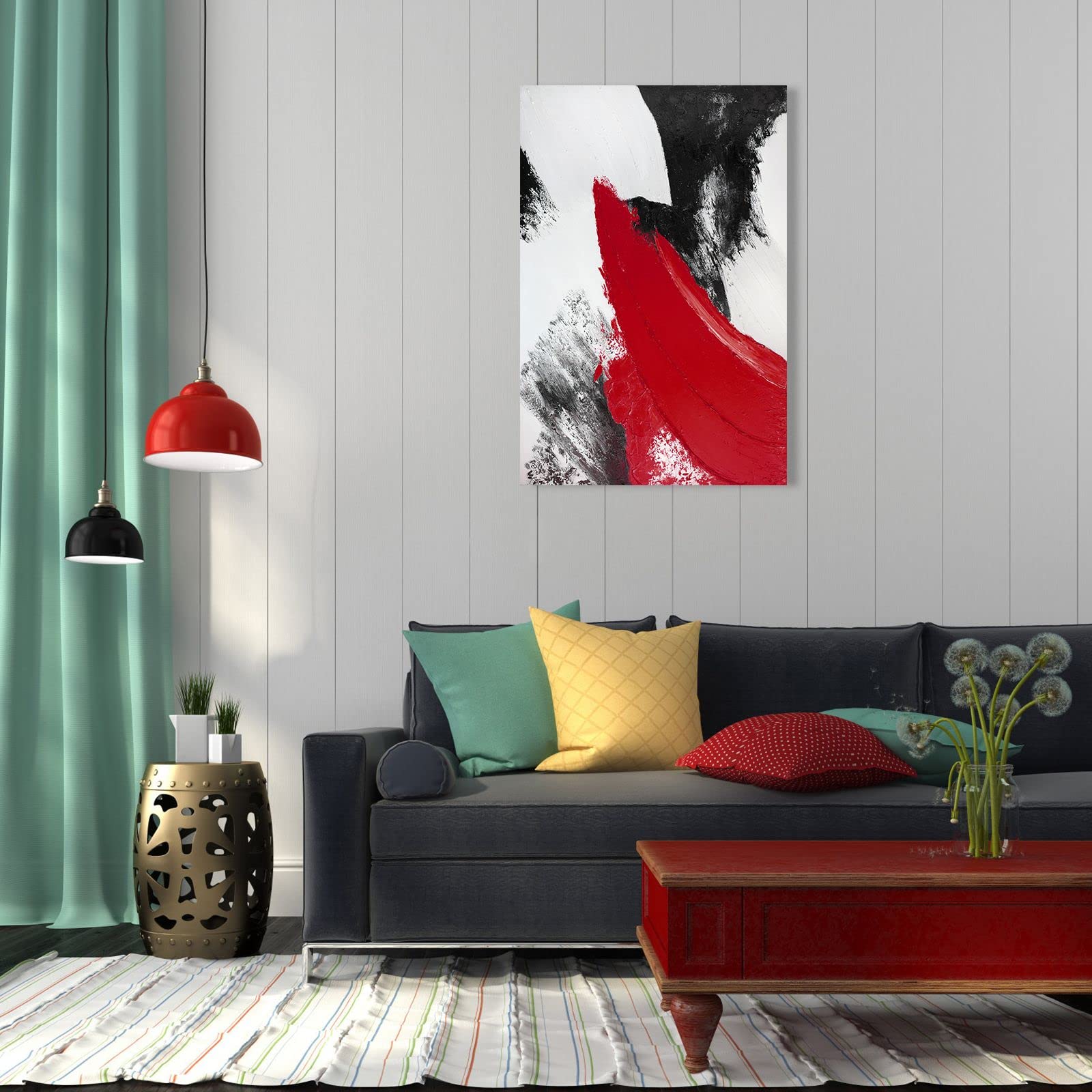 YPY Red Abstract Canvas Wall Art: Modern Minimalist Black and White Picture Hand Paint Textured Oil Painting Poster for Living Room Bedroom Bathroom Office Home Wall Decor 16x24