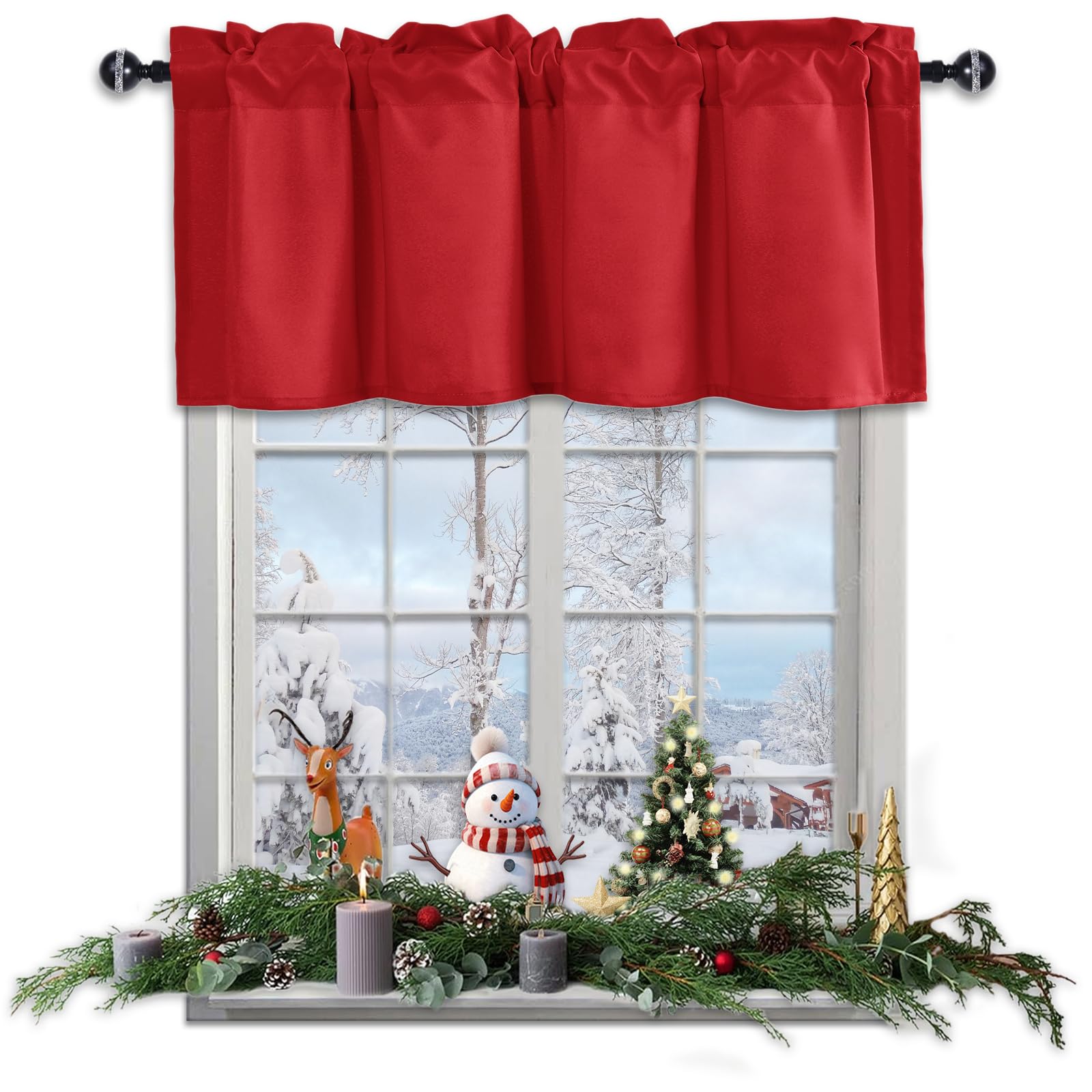 JIUZHEN Christmas Valance Curtains for Kitchen Window Valances for Living Room/Basement Window Curtains Bathroom Thermal Insulated Short Rod Pocket Curtain Panels, Red,42 x 18 Inches,1 Panel