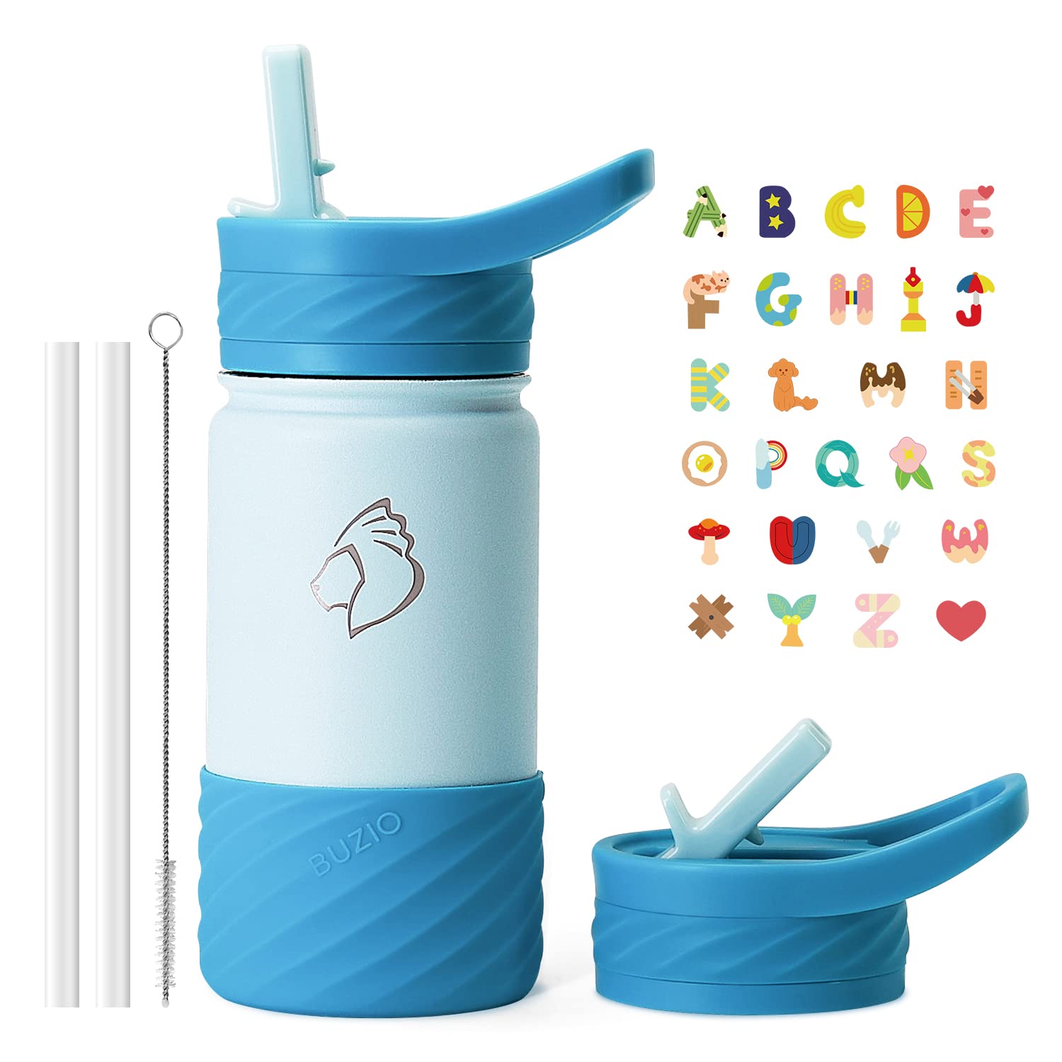 14oz Kids Water Bottle for School Toddler Thermo Water Cups with Straw Lid & Silicone Boot, BUZIO Stainless Steel BPA-Free Insulated Water Tumbler Travel Bottles, Metal Mug with Stickers- Blue