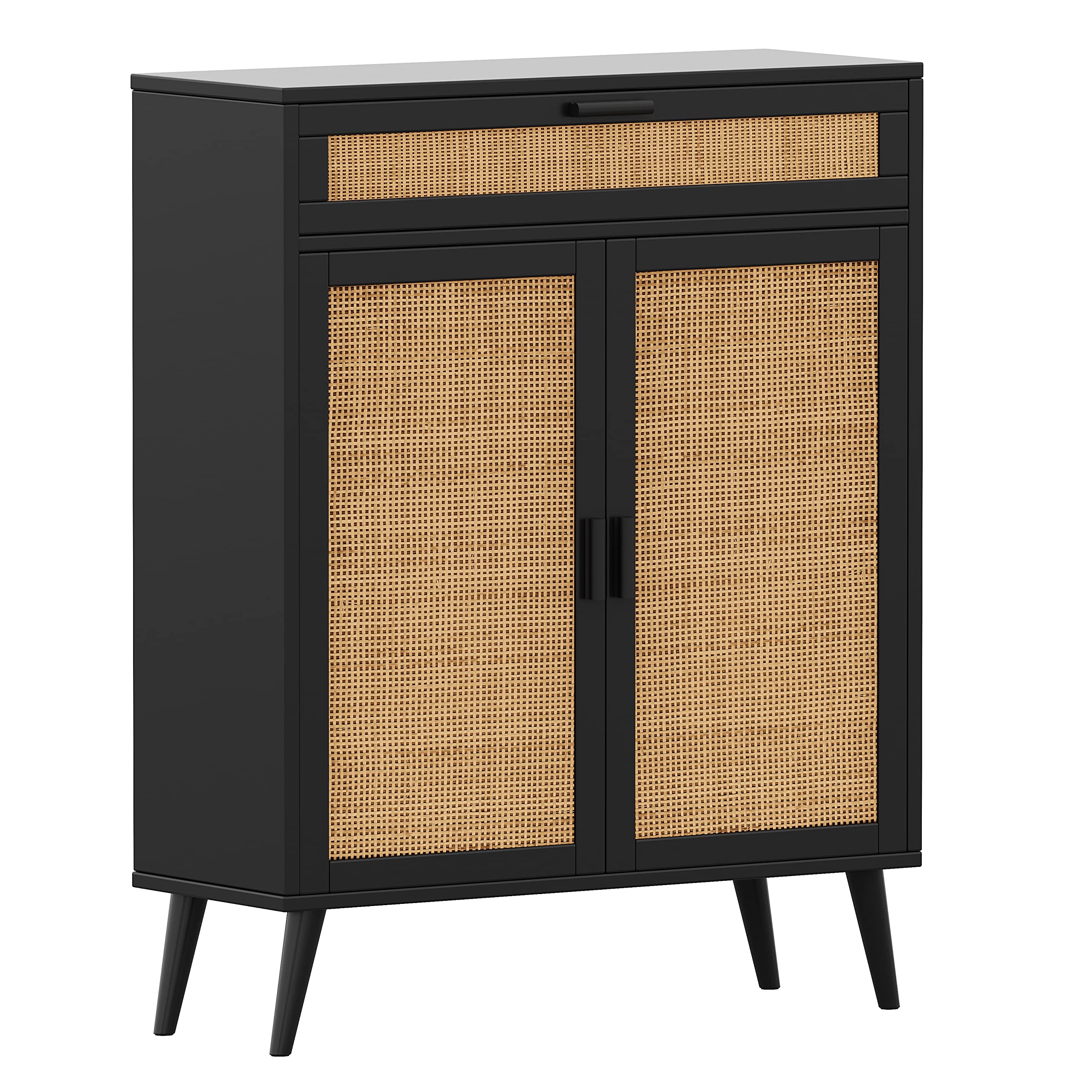 Rovaurx Accent Floor Storage Cabinet with Rattan Doors, Bathroom Cabinet with Large Drawer, Floor Cabinet Organizer, Black and Natural BMGZ107B