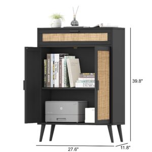 Rovaurx Accent Floor Storage Cabinet with Rattan Doors, Bathroom Cabinet with Large Drawer, Floor Cabinet Organizer, Black and Natural BMGZ107B